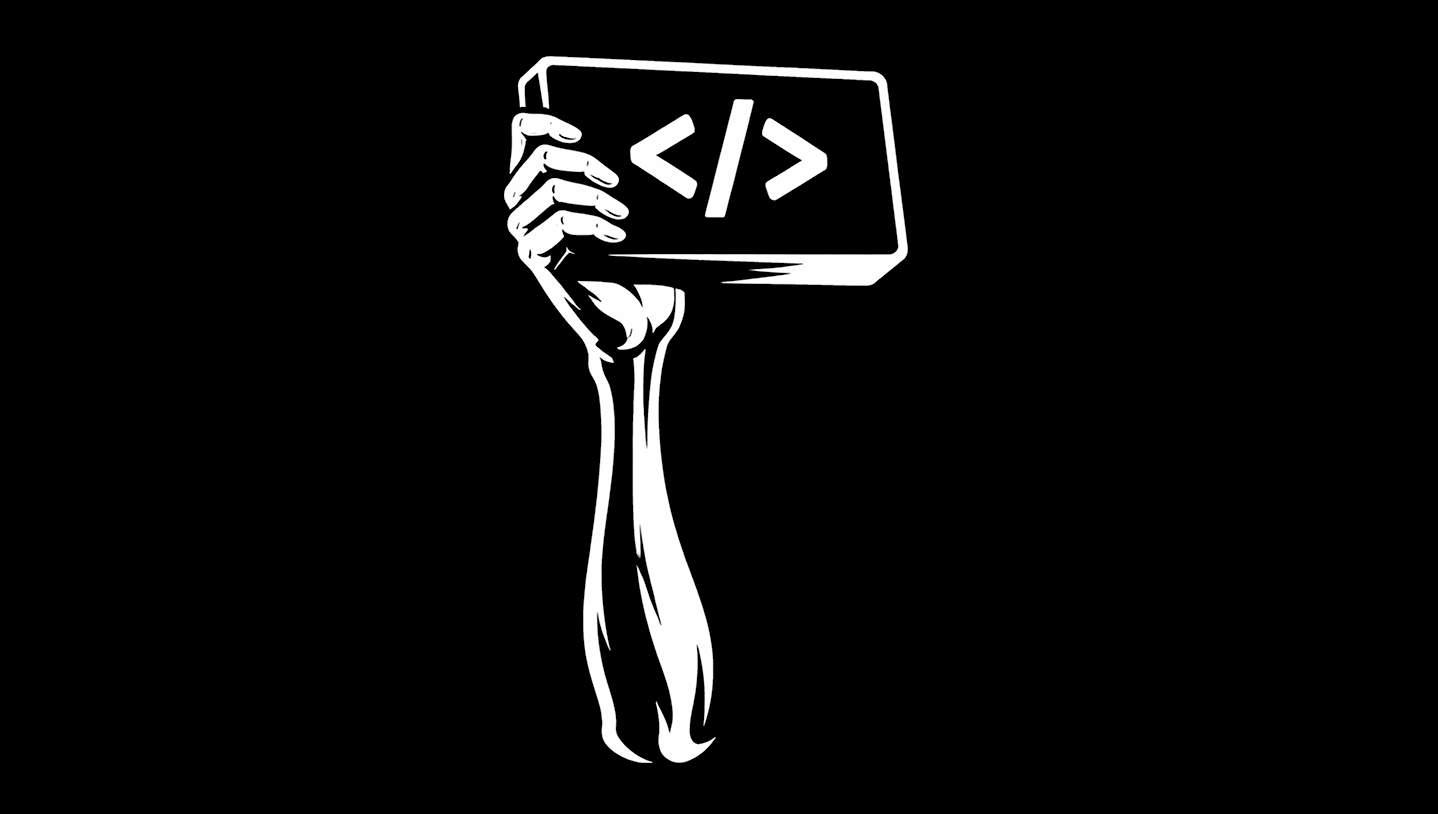 Minimalist black-and-white illustration: a thin, muscular arm reaches upward, gripping a heavy rectangular block emblazoned with a code symbol.