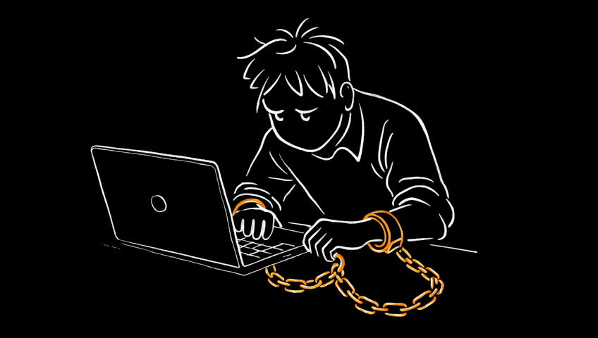 A person chained to a laptop with golden handcuffs, illustrated in a minimalist line-art style